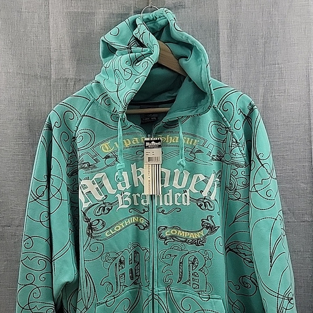 Makaveli Branded Tupac NWT Full Zip Hoodie Graphics VTG Green Black, Men's 2XL
